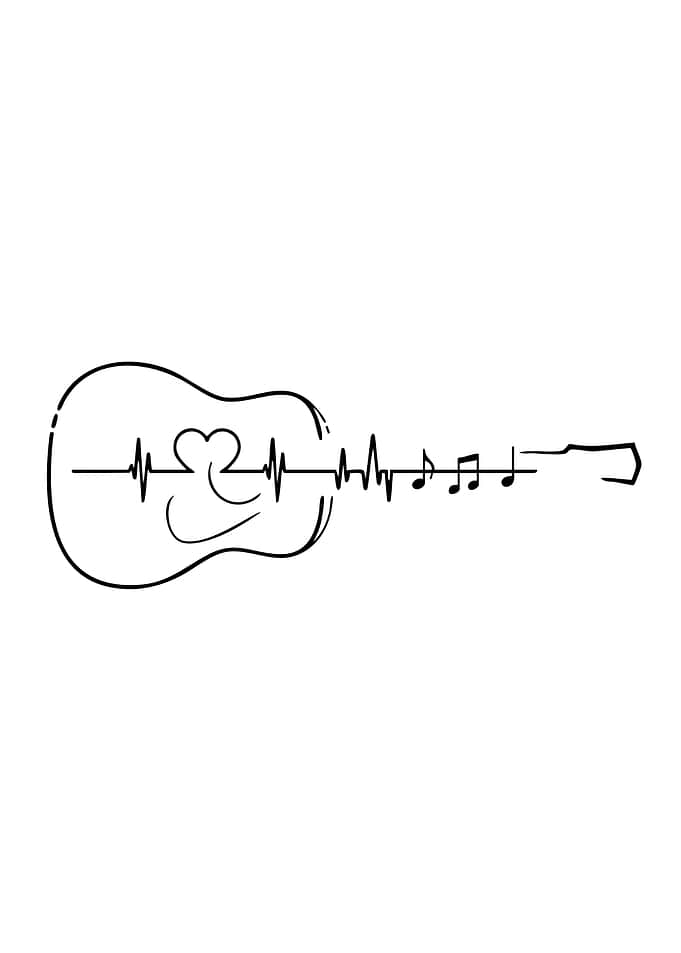 Guitar Heartbeat Music Notes Line Art