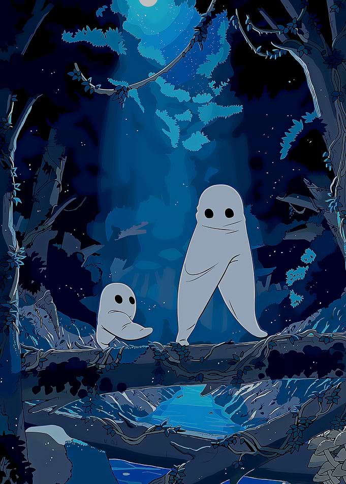 Pixel Art Ghosts in Blue Forest