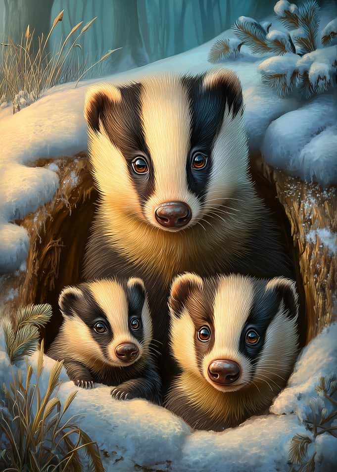 Badger Family in Winter Burrow