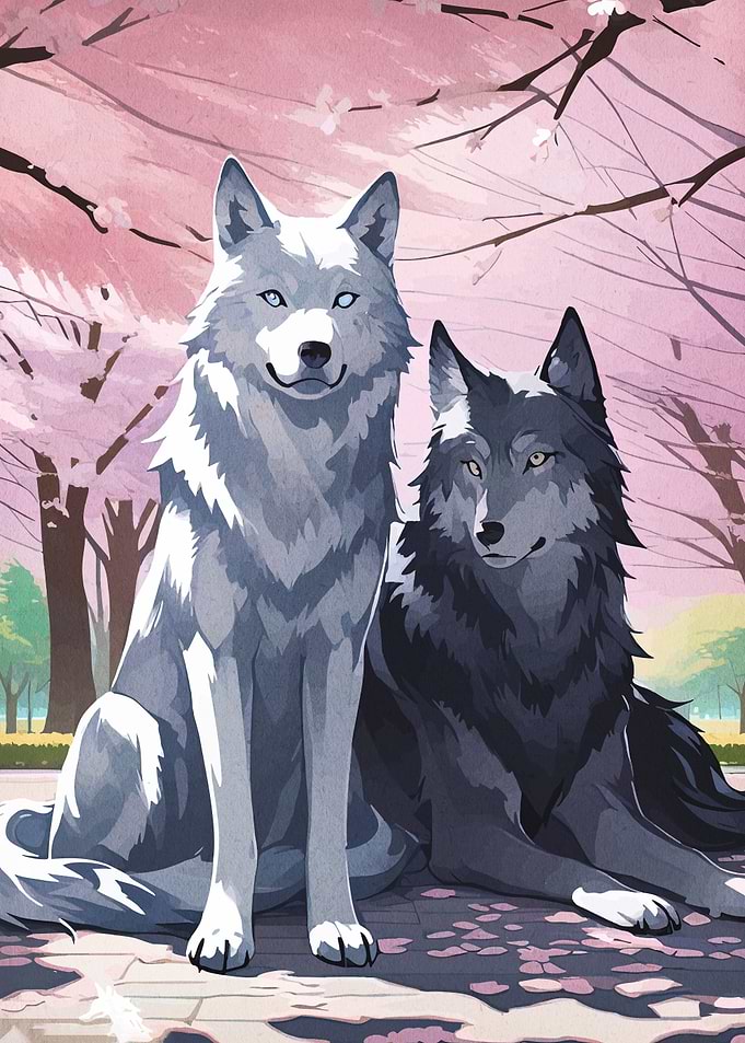 Two Wolves in a Cherry Blossom Garden