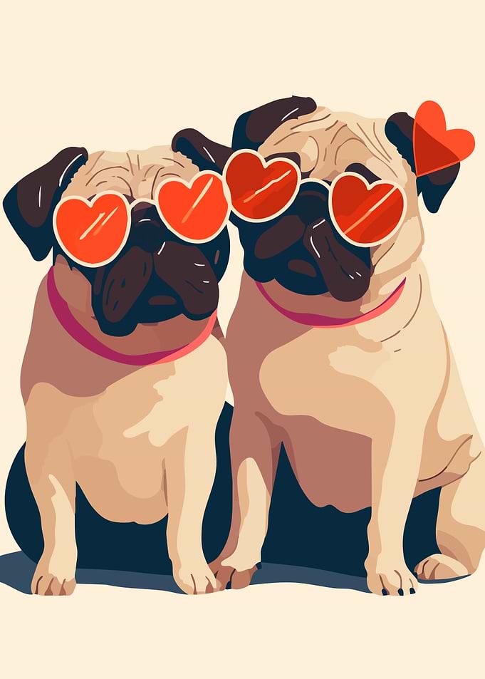 Two Pugs with Heart Sunglasses Cute Dog Art
