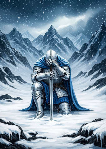 Knight in Snowy Mountain Landscape