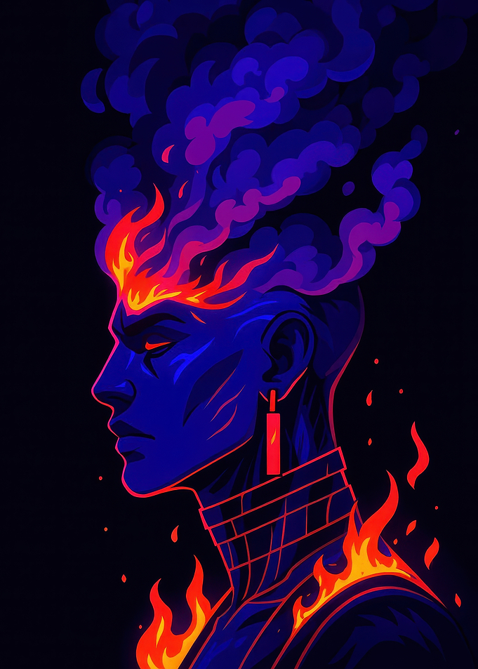 Blue Figure with Fiery Hair