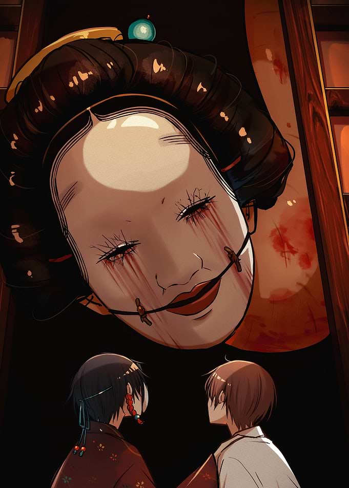 Creepy Japanese Mask with Two Figures