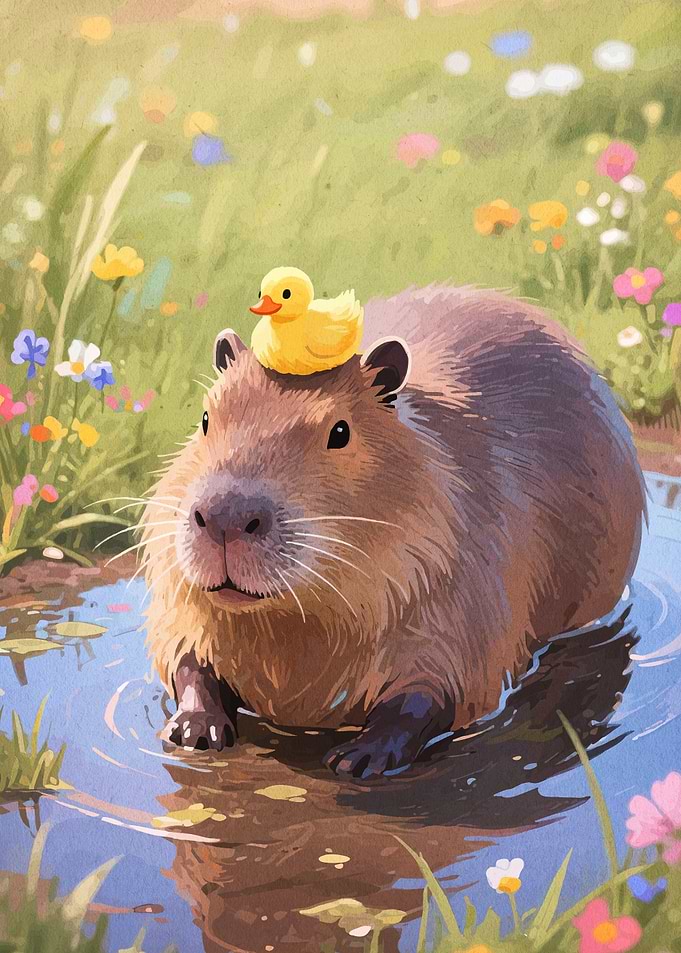 Capybara with Duckling in Floral Meadow
