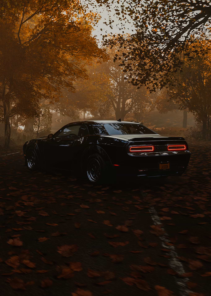 Black Dodge Challenger in Autumn Forest
