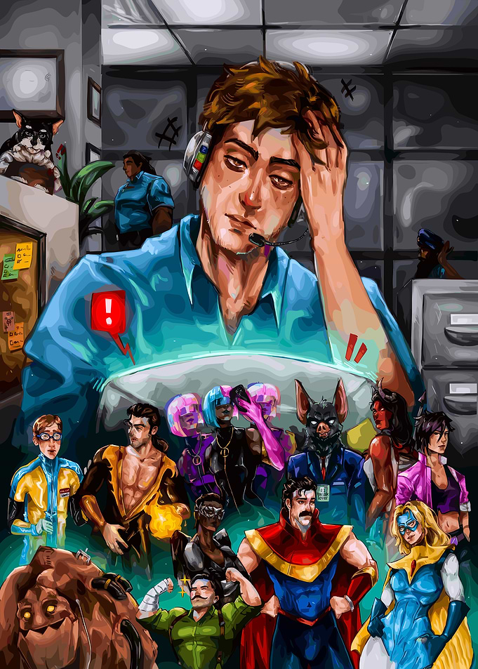 Overwhelmed Call Center Employee with Superheroes