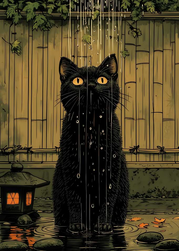 Black Cat in Japanese Garden Shower