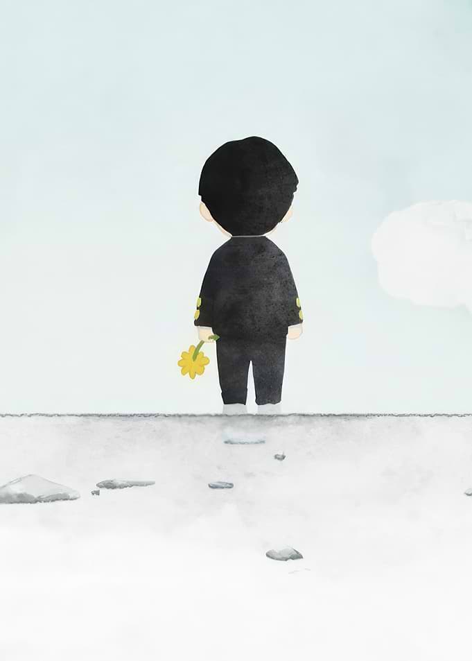 Boy with Flower on Snowy Path