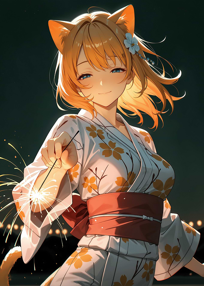 Anime Girl with Sparkler in Kimono