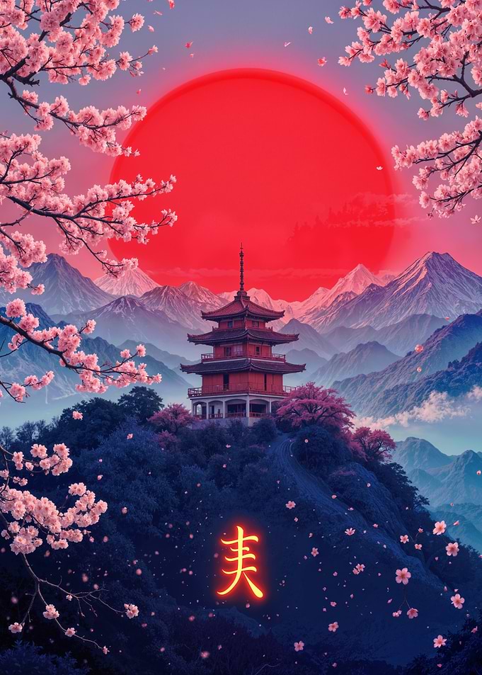 Japanese Pagoda with Cherry Blossoms