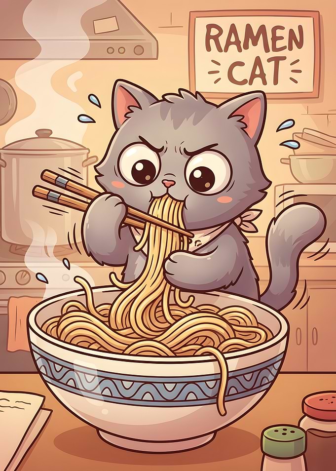 Cartoon Cat Eating Ramen Noodles