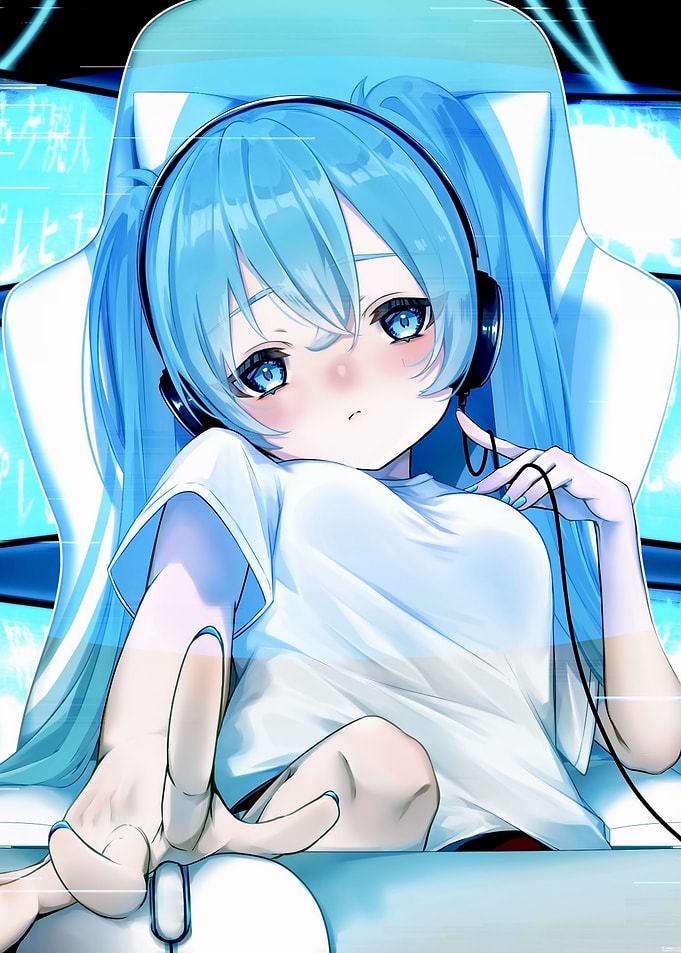 Anime Girl Gamer with Blue Hair