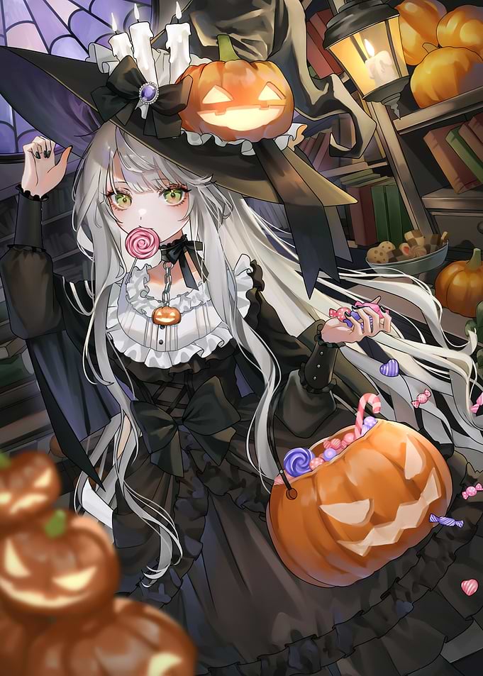 Anime Witch with Pumpkins and Candy