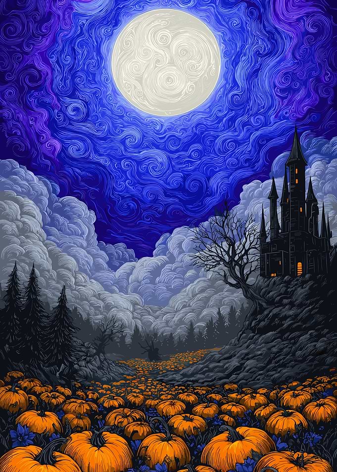 Halloween Pumpkin Patch Under Moonlight