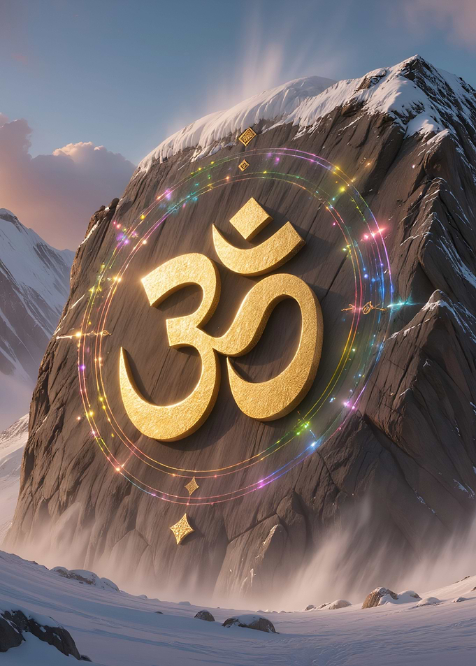 Golden Om Symbol on Mountain