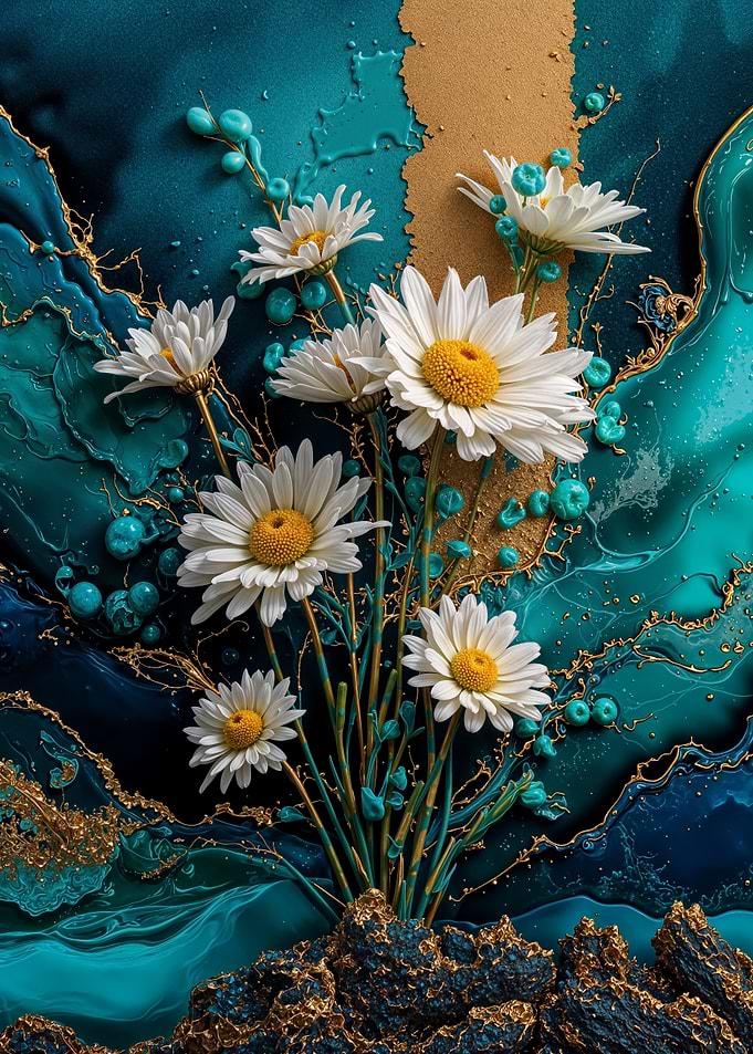 Teal Gold Daisies Flower