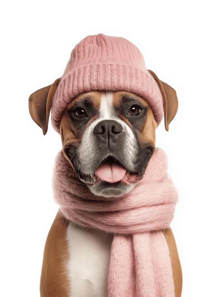 Cozy Boxer Dog with Pink Hat and Scarf