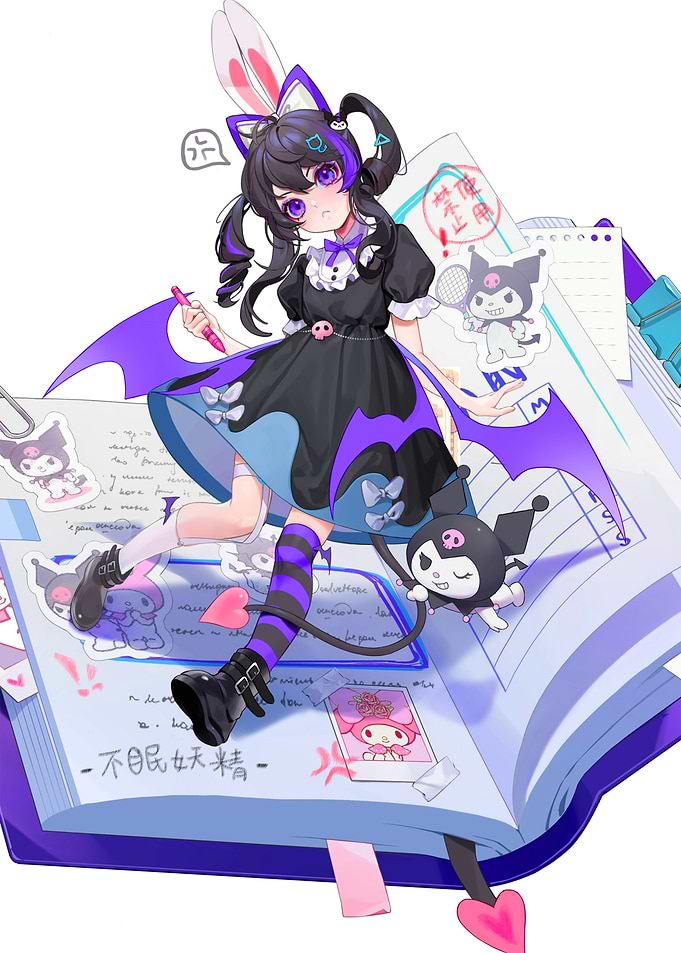 Anime Girl with Kuromi on Notebook