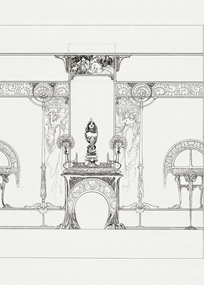 Art Nouveau Interior Design Sketch, alphonse mucha art