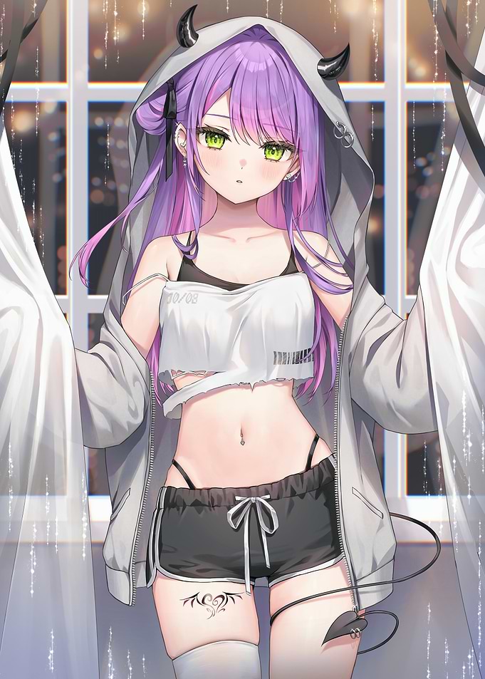 Anime girl with horns in hoodie