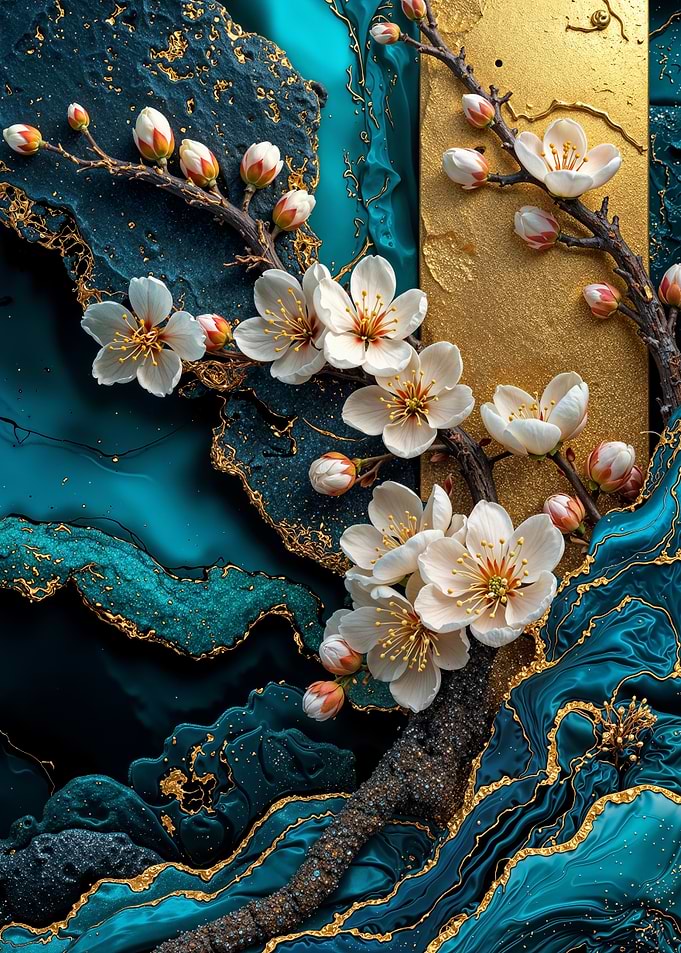 Teal Gold Sakura Flower