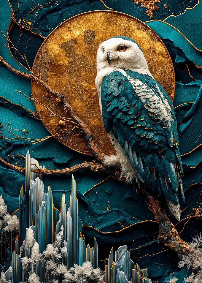 Owl on Branch with Golden Moon