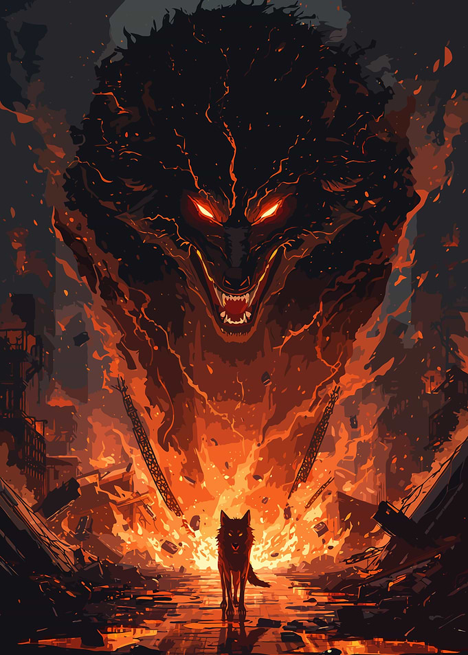 Fantasy of Fiery Wolf in Destroyed Cityscape