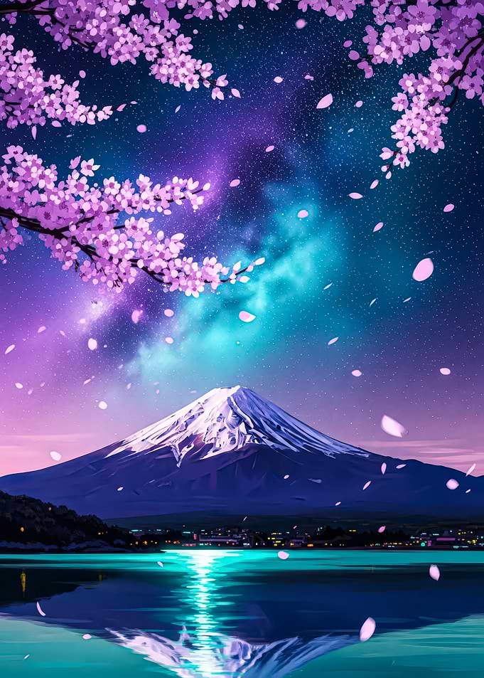 Mount Fuji Cherry Blossom Night