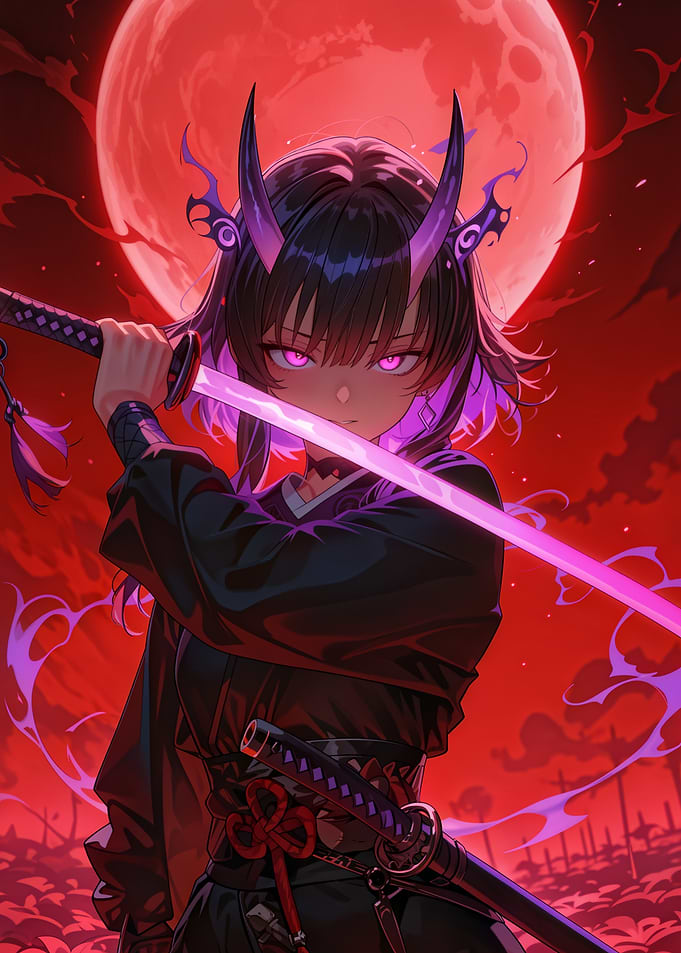 Anime Girl with Katana and Horns