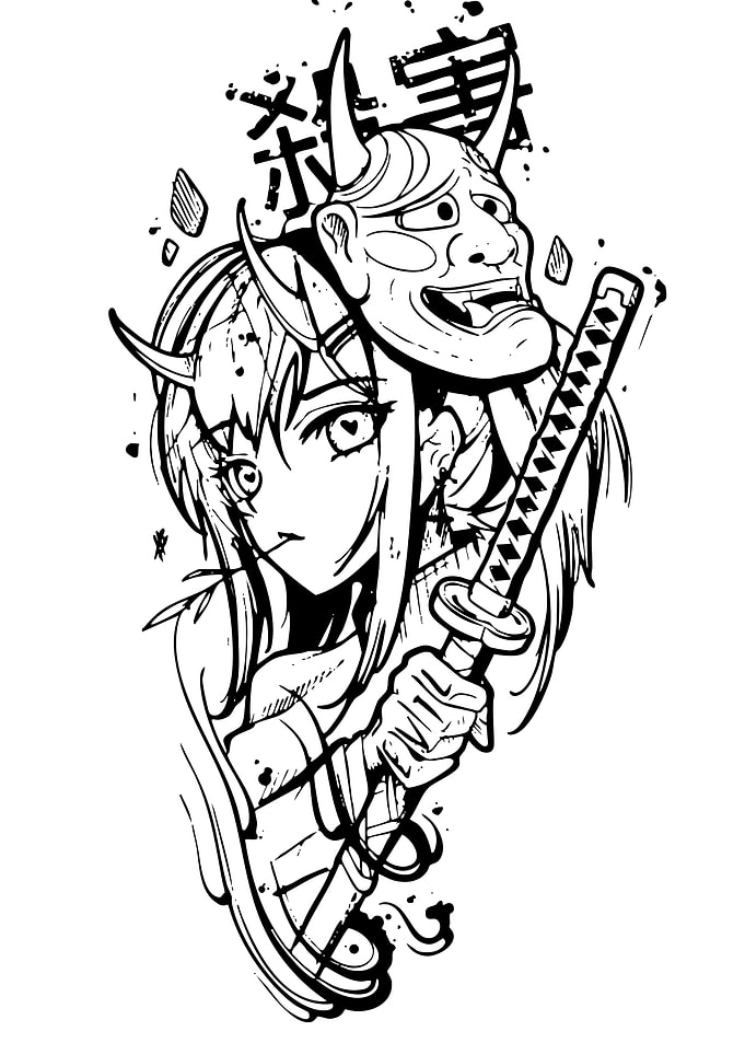 Anime Girl with Katana and Mask