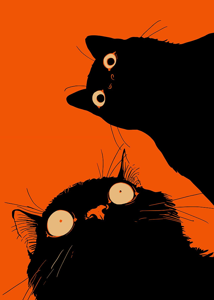 Two Black Cats on Orange Background