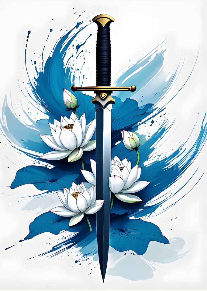 Sword and Lotus Flowers Illustration
