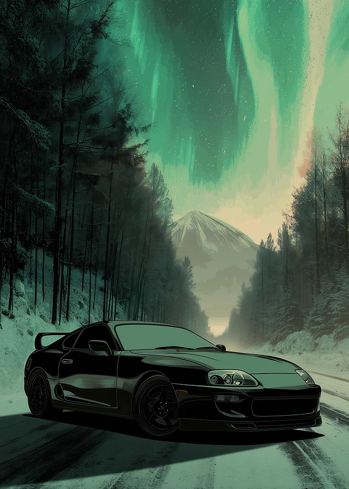 Black Supra under Aurora Borealis