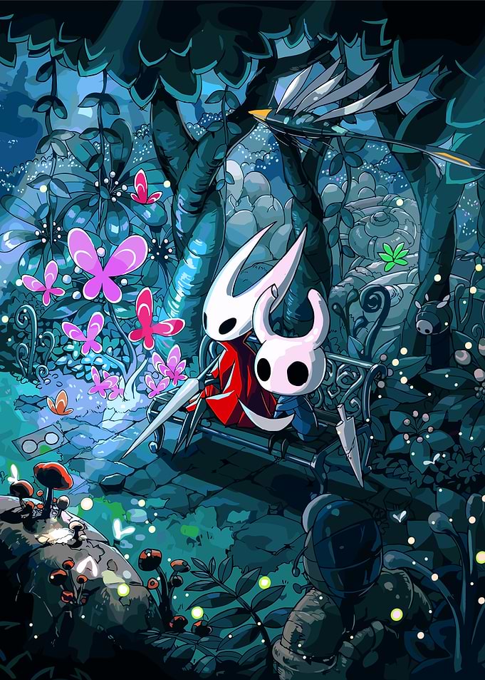 Hollow Knight characters on a bench