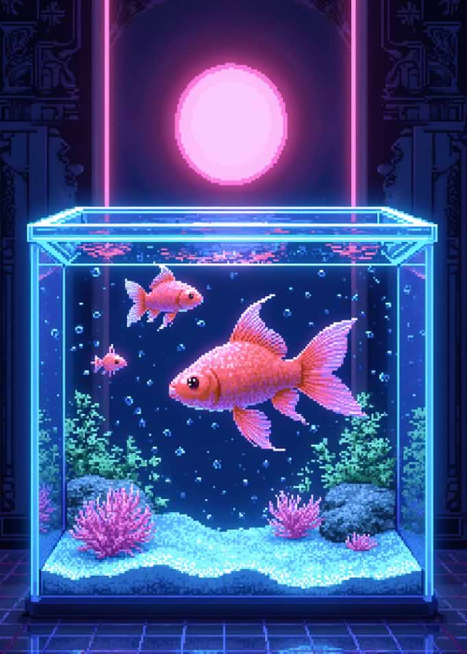 Pixel Art Goldfish in Neon Aquarium