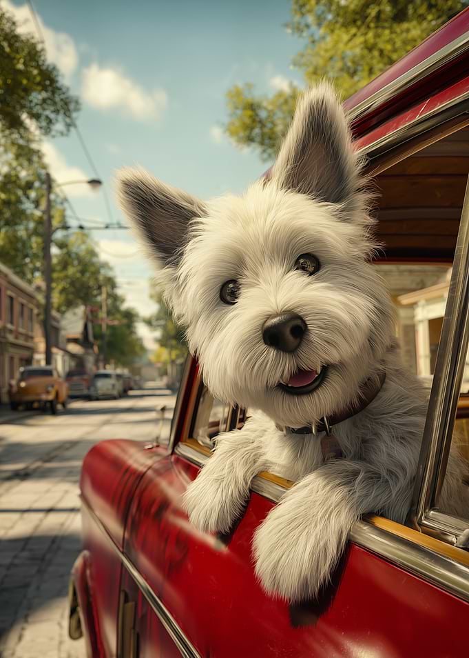 West Highland White Terrier in Red Car