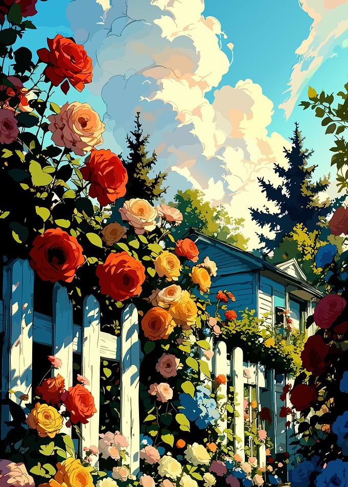 Rose Garden by a White Fence