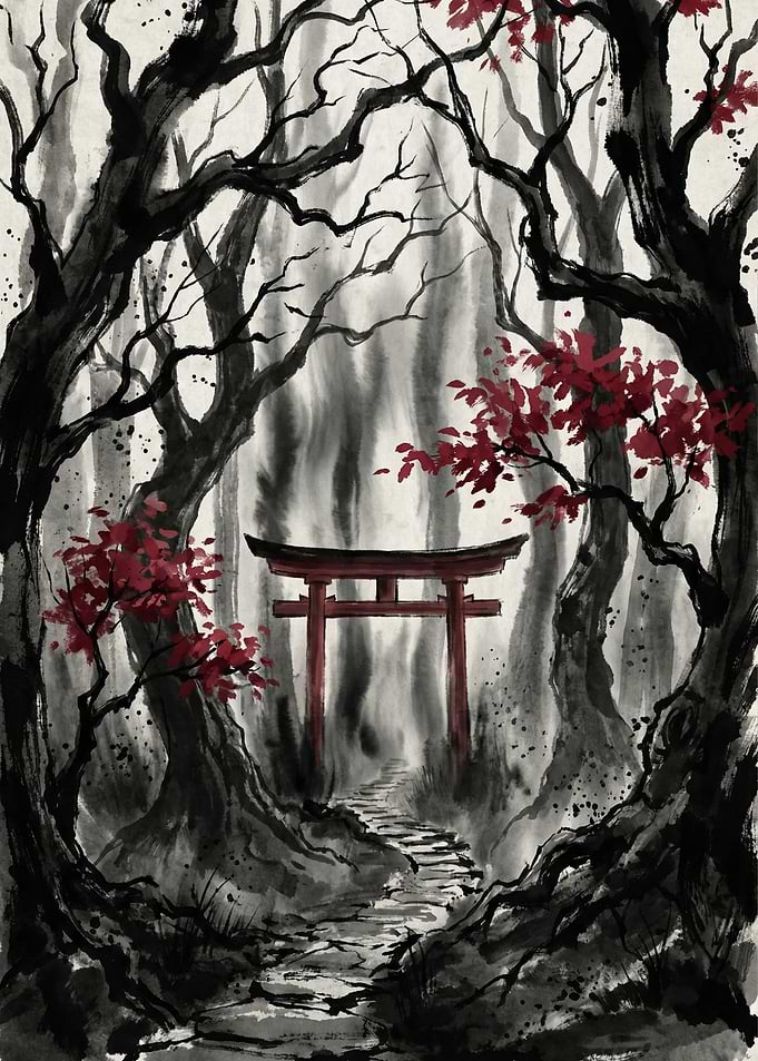 Japanese Torii Gate in Forest Ink