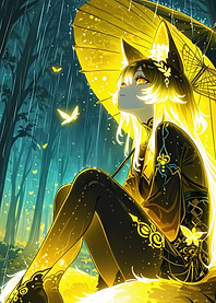 Anime Fox Girl in Rainy Forest