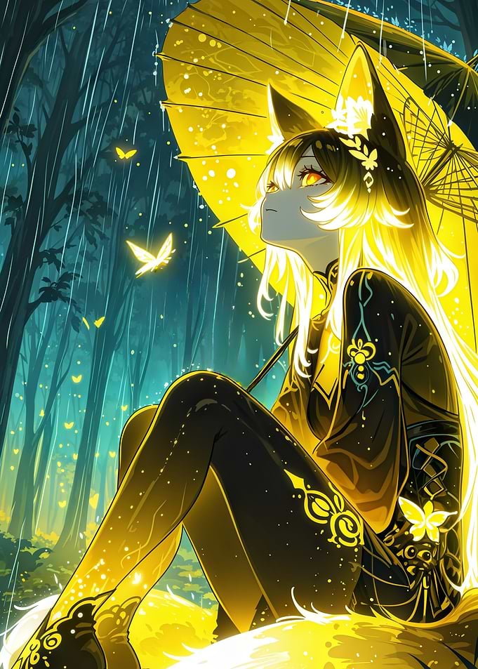 Anime Fox Girl in Rainy Forest