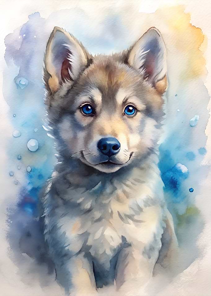 Watercolor Baby Wolf Portrait