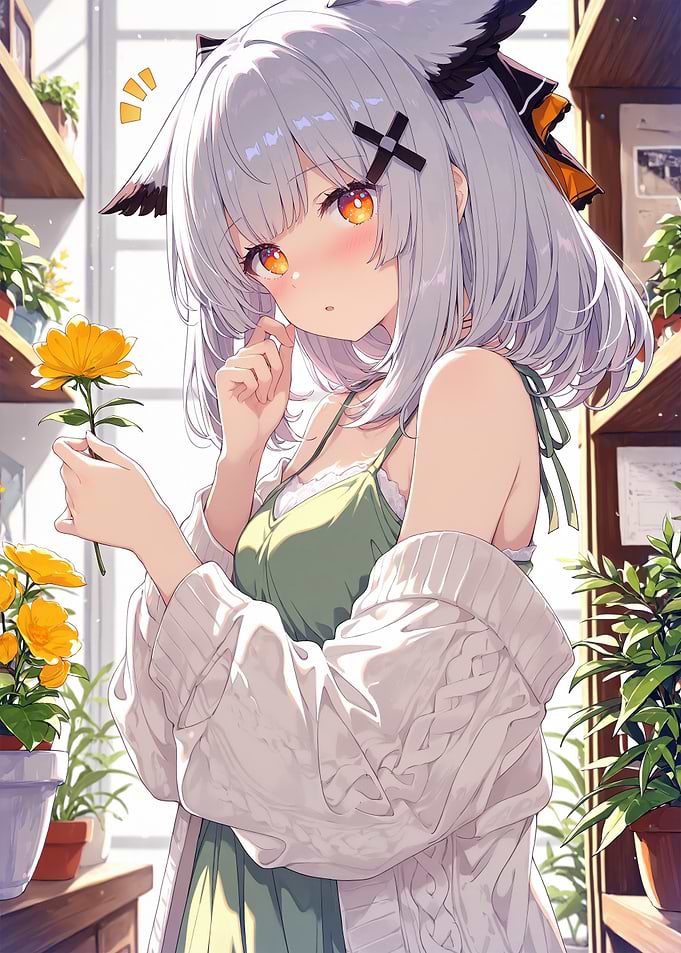 Anime Girl with Flower in Garden