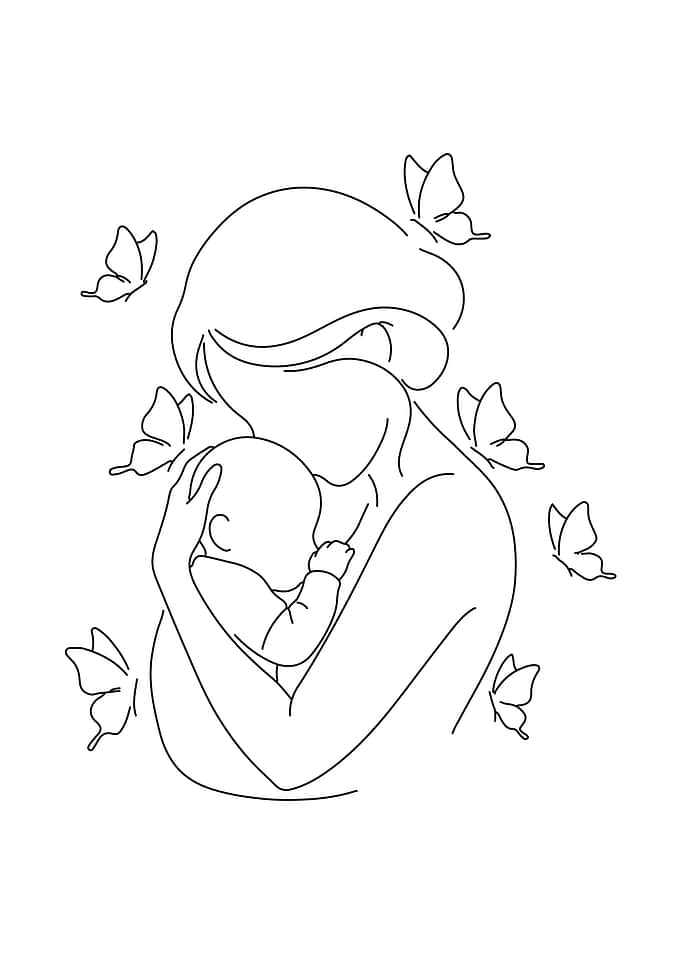 Mother and Child with Butterflies Lineart