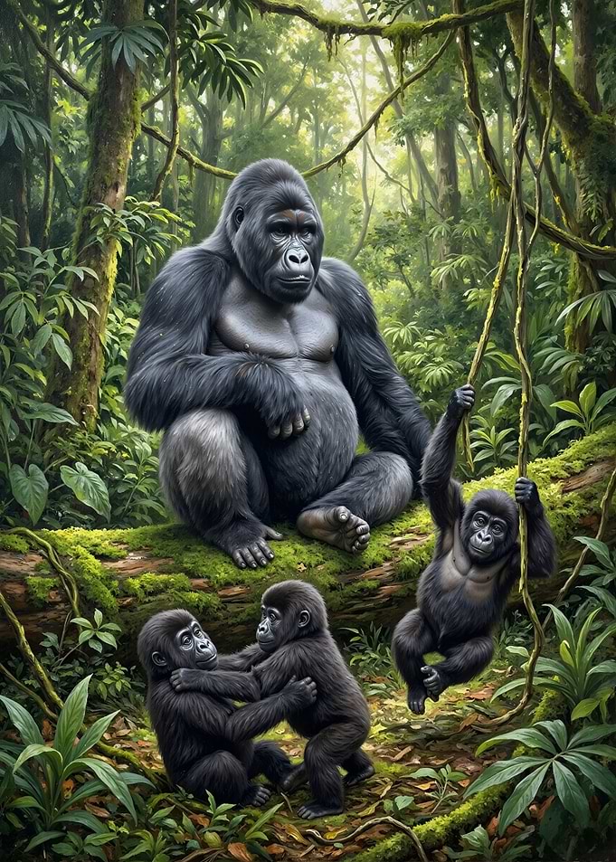 Gorilla Family in Lush Jungle