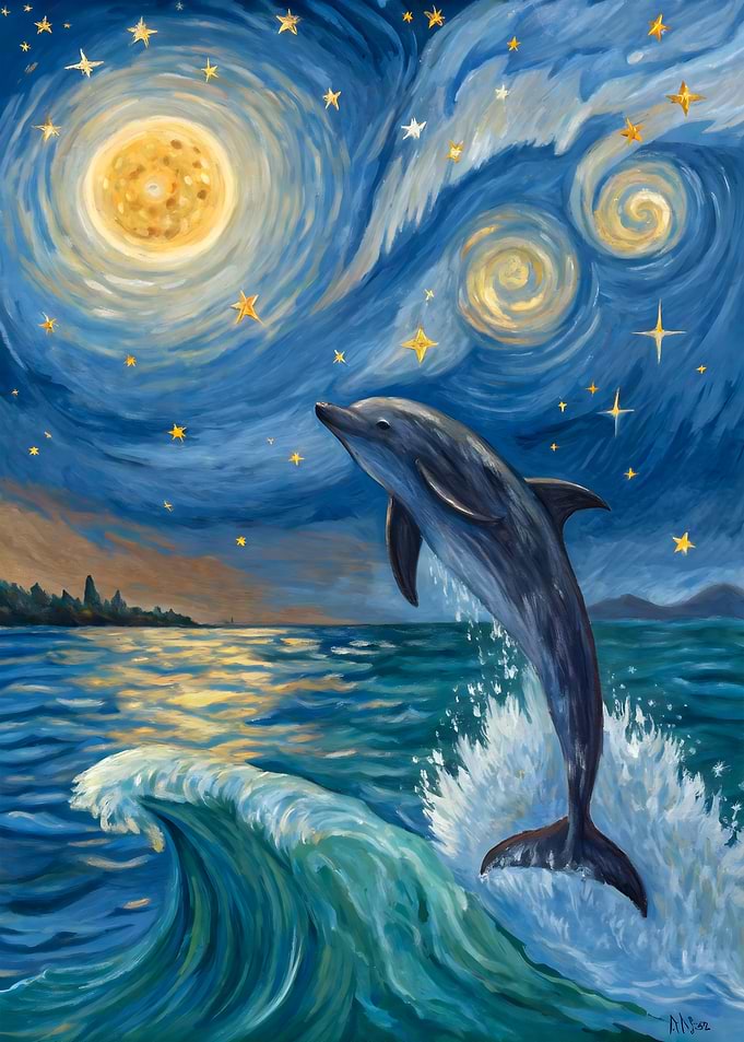 Starry Leap: Dolphin Jumping Under a Swirling Starry Sky – Van Gogh-Inspired Ocean Art