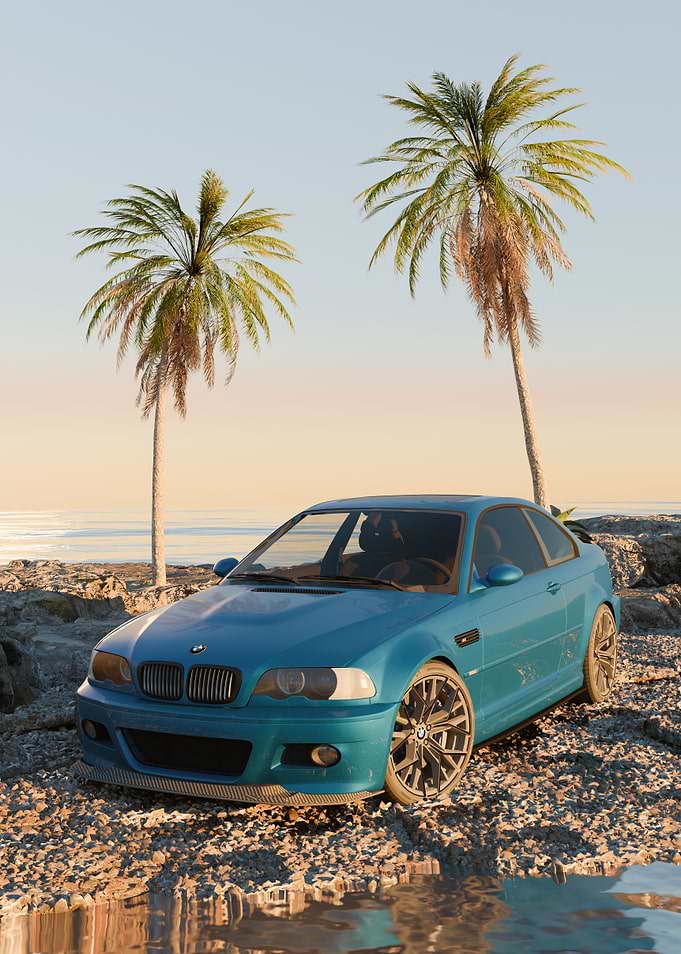 Blue BMW on a Tropical Beach