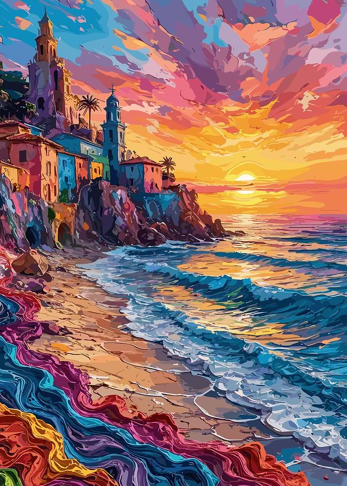 Colorful Coastal Village at Sunset Painting