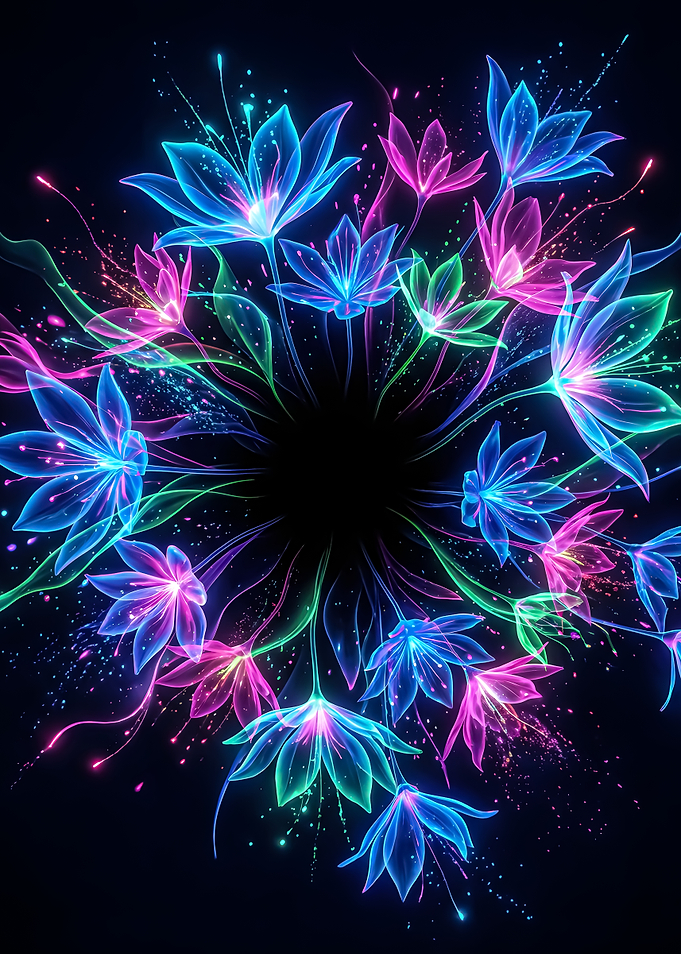 Neon Floral Burst on Black