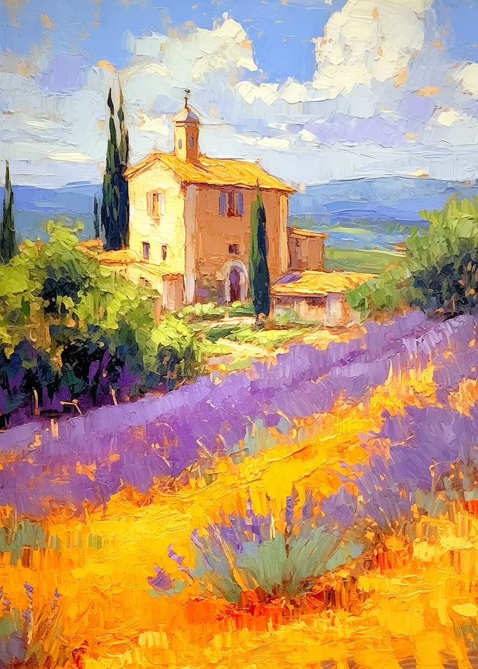 Tuscan Landscape Painting with Lavender Field